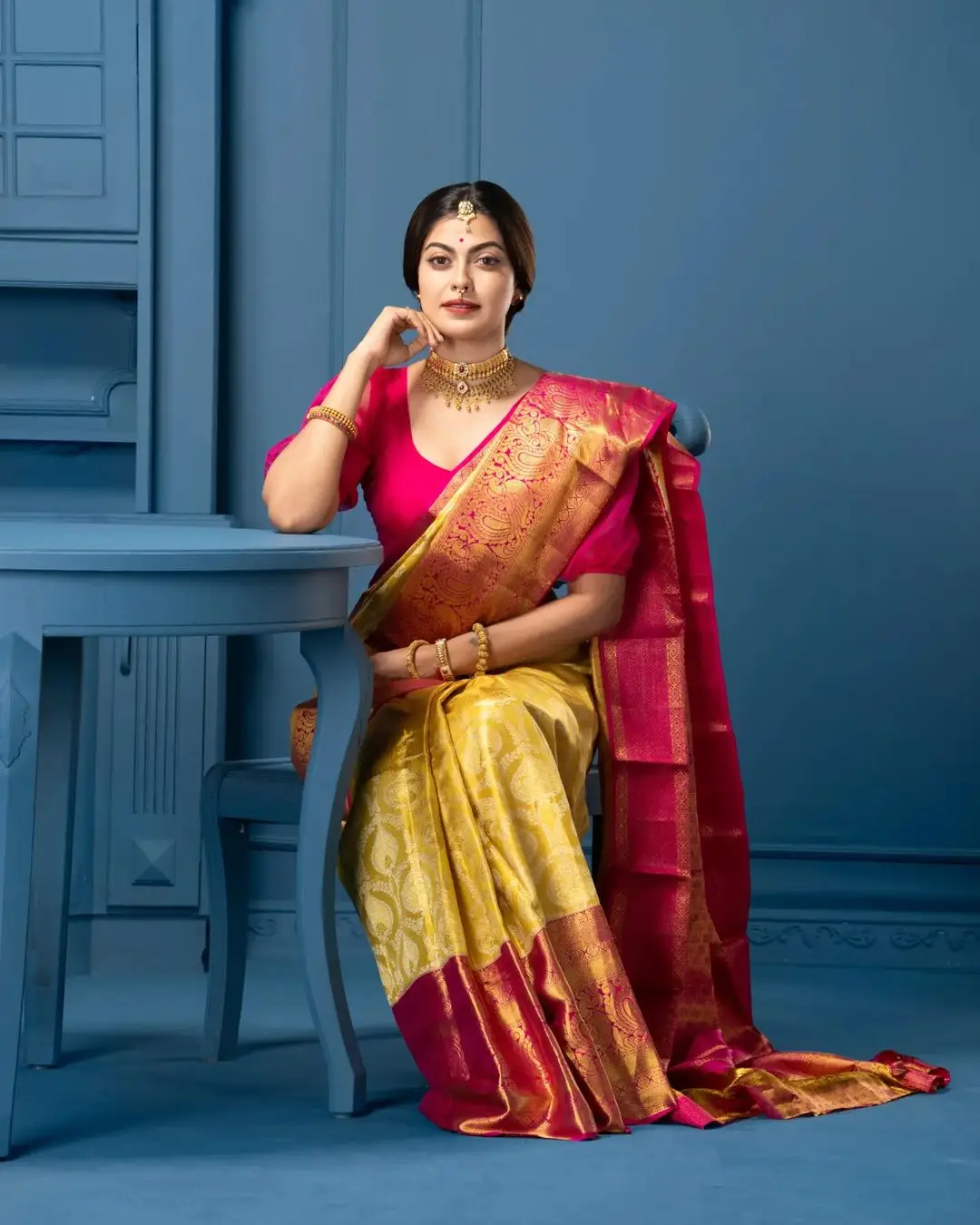 Indian Actress Anusree Nair in Yellow Color Saree Red Blouse